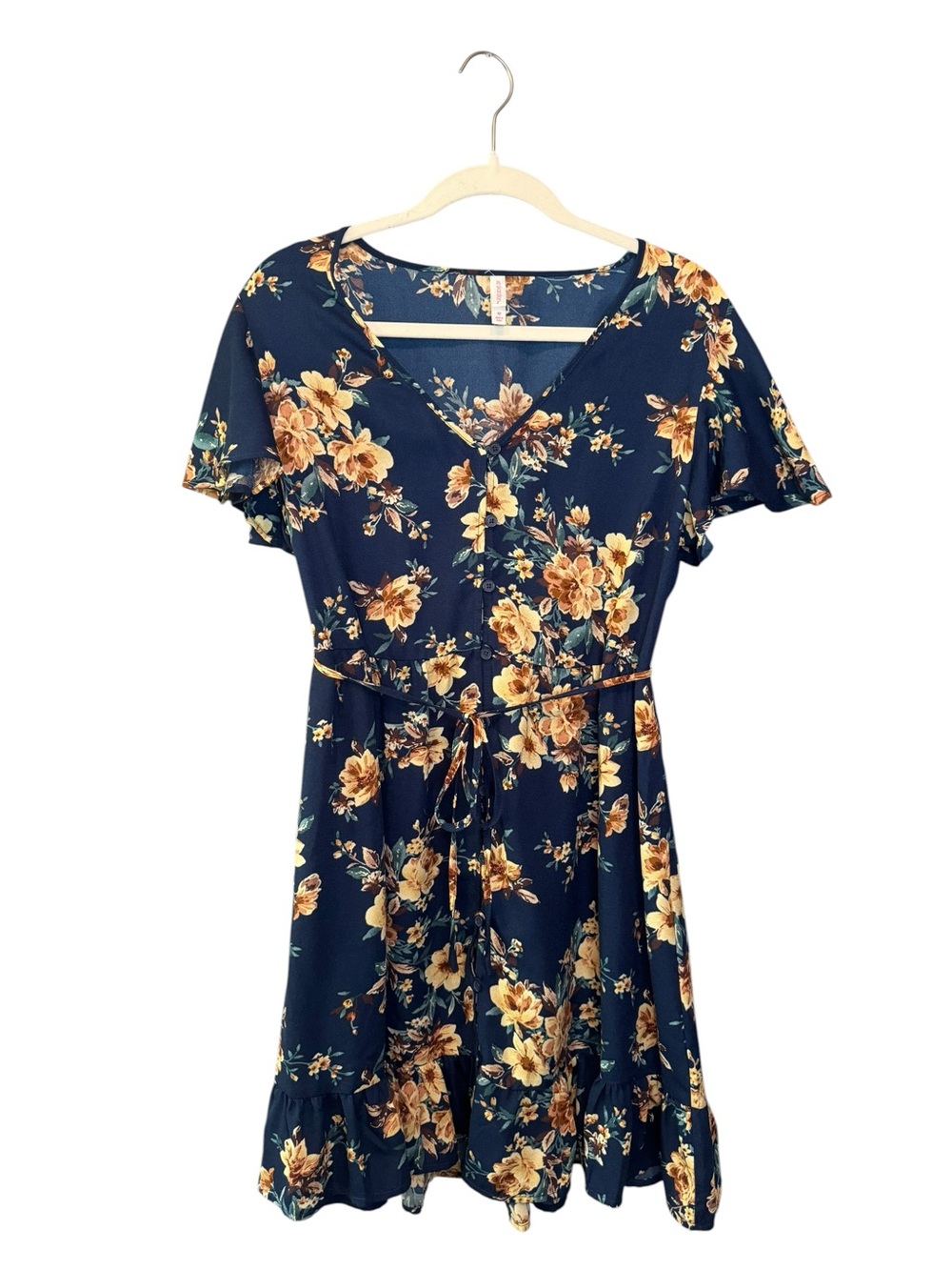 Xhilaration Floral Button Front V-Neck Dress | Navy Blue M